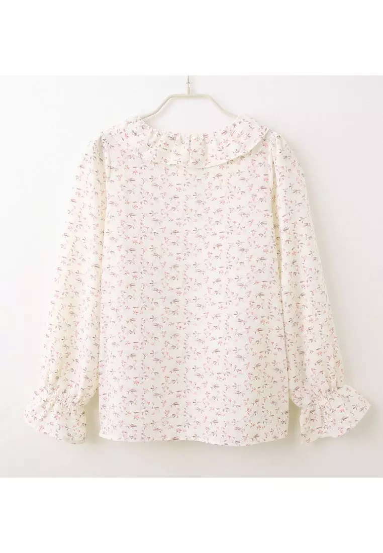 V-Neck Ruffle Floral Long Sleeve Chiffon Blouse [AB19667]