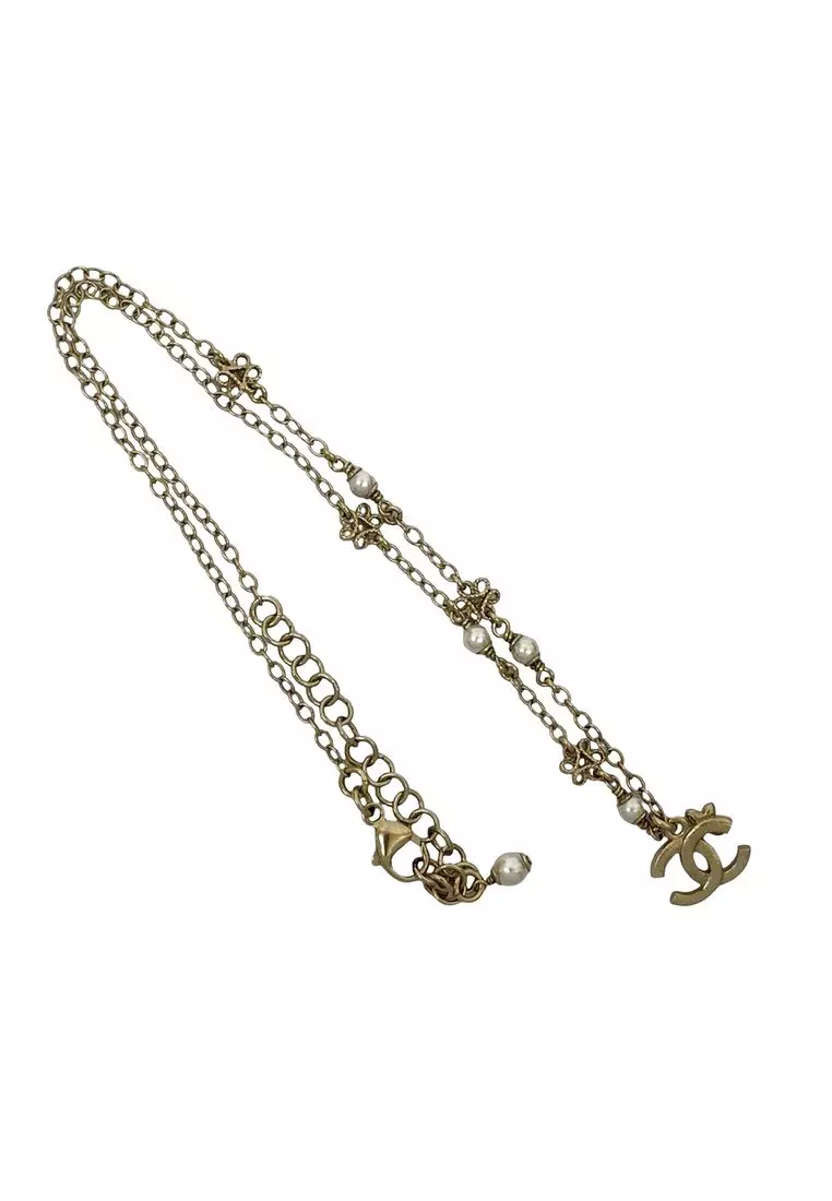 Pre-Loved Chanel Gold Plated Faux Pearl Cc Pendant Flower Station Necklace