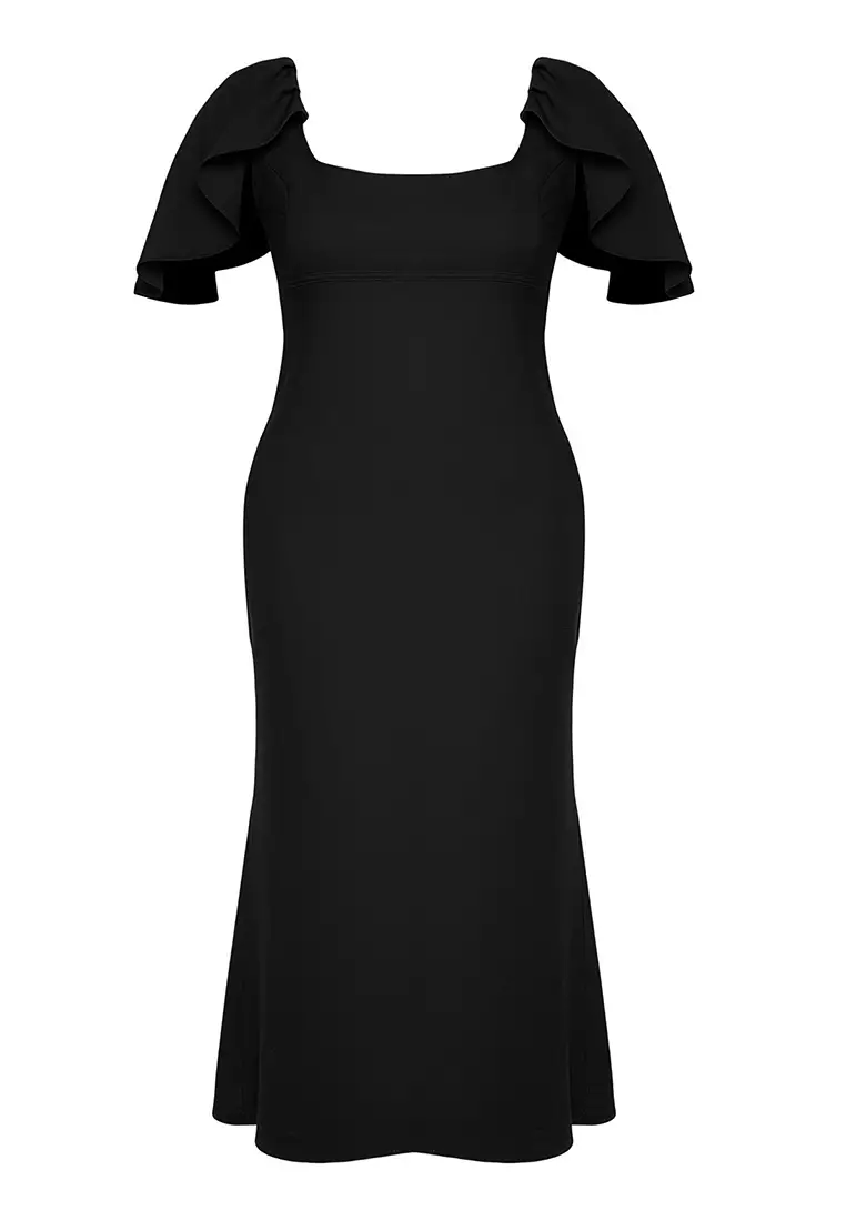 Black Watermelon Sleeve Maxi Woven Party Plus Size Dress Tbbss25Ah00148