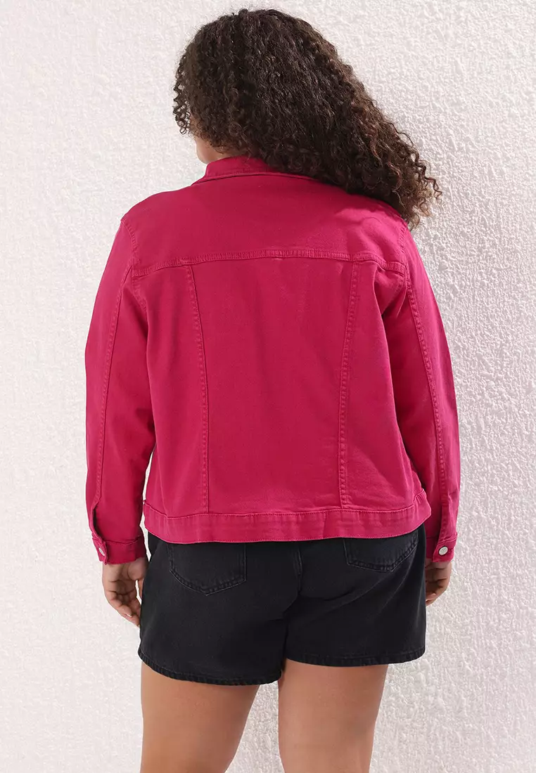 Fuchsia Stretch Crop Plus Size Denim Jacket TBBSS25AG00007