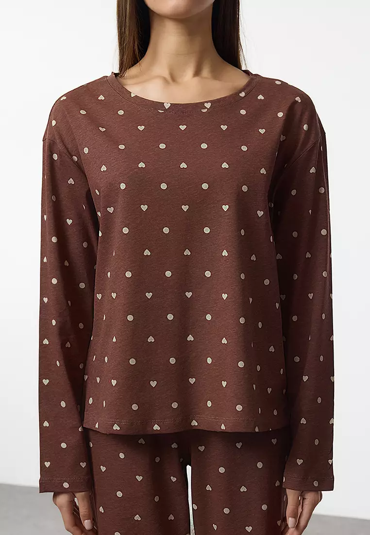 Brown 100% Cotton Polka Dot And Heart Knitted Pajama Set Thmaw25Pt00039