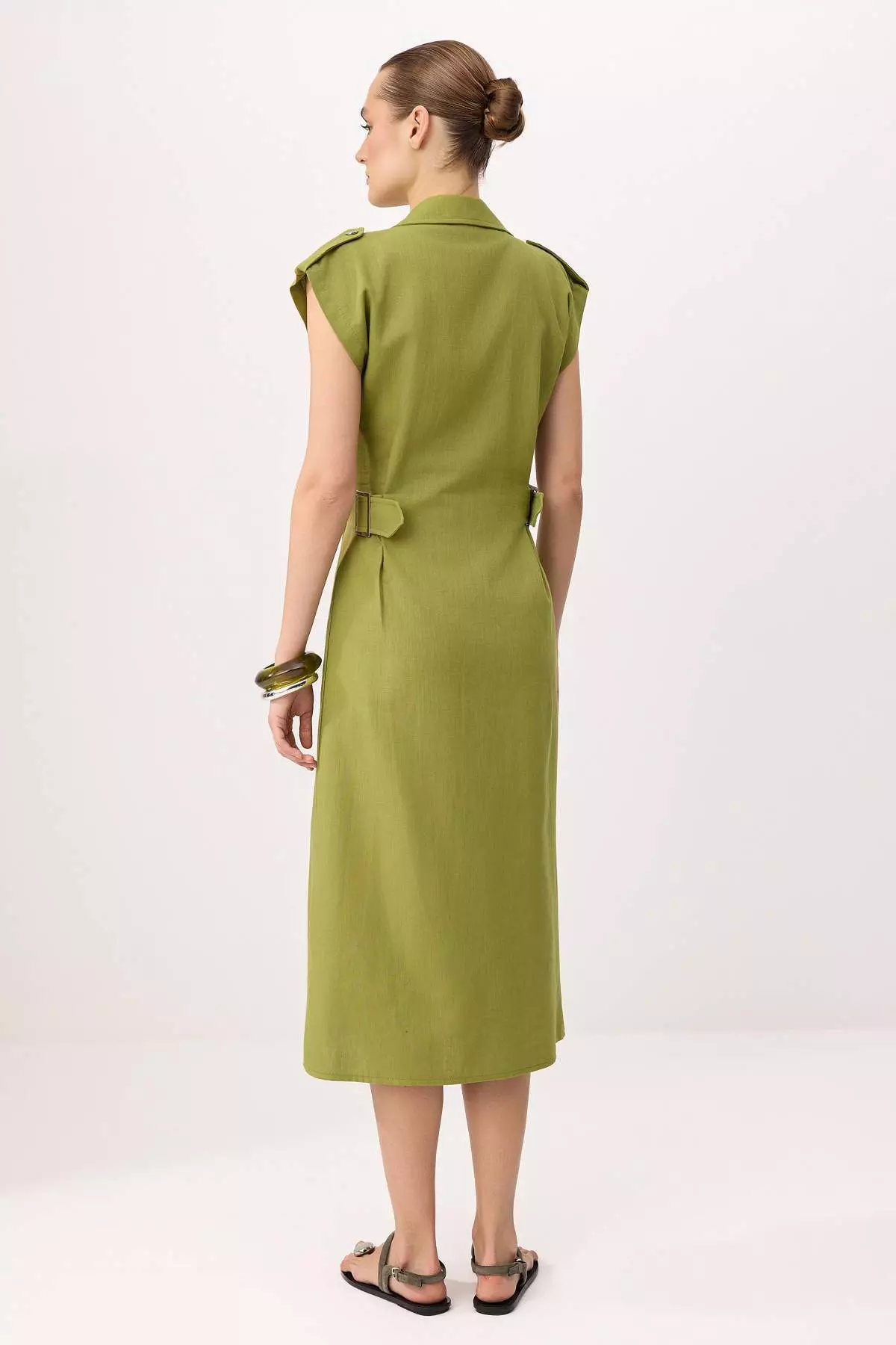 Khaki Accessory Detail Midi Woven Shirt Dress Twoss26El125