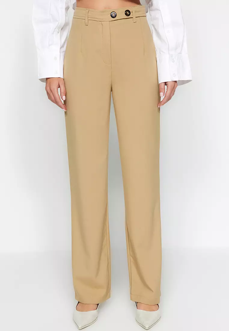 Grenj Fashion Beige Wide Leg Leather Trousers with Pocket Detail - Trendyol