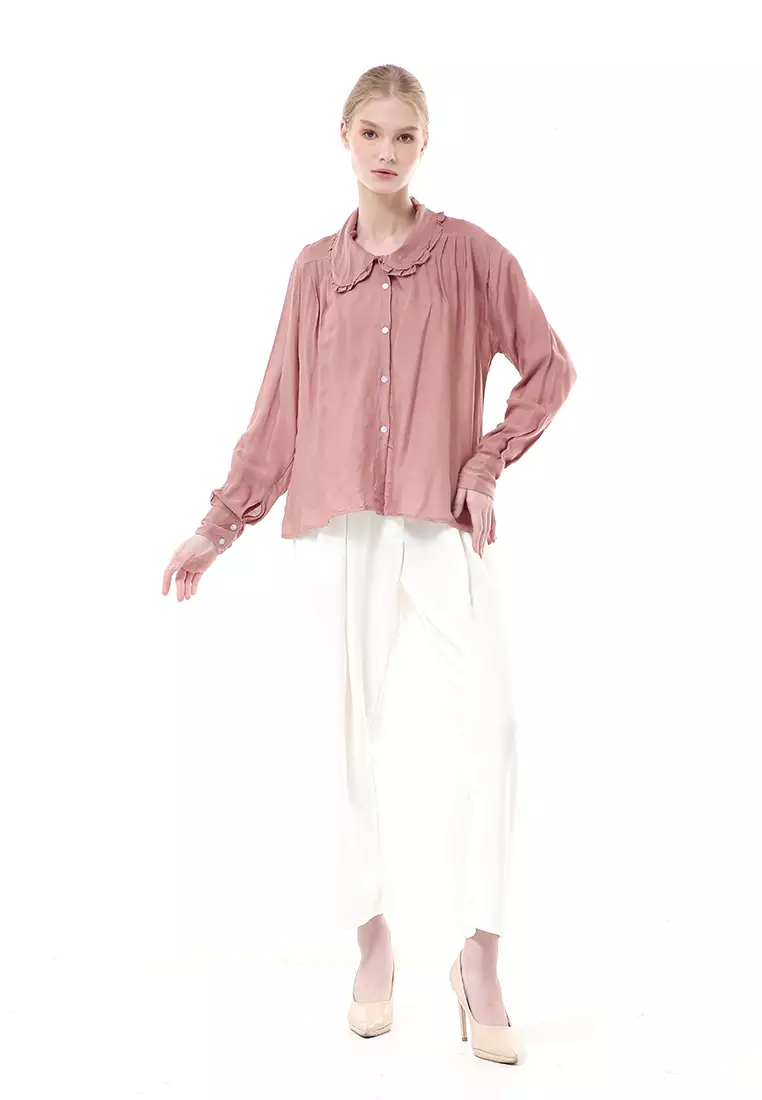 Adena Blouse Atasan Wanita Long Sleeve Kerah Rempel - Dusty