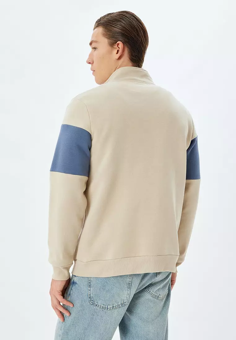 Slogan Printed Sweatshirt Half Zipper Color Block Cotton Blend