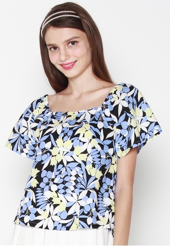 JOVET black and yellow and blue Short Sleeved Tulip Print Top F74B0AA532DC69GS_1