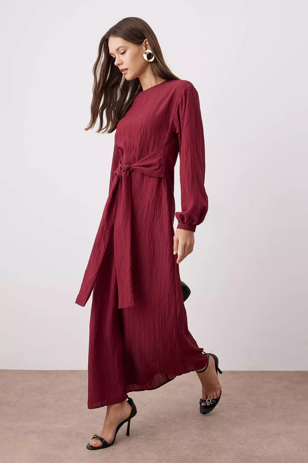 Burgundy Tie-Front Unlined Woven Dress