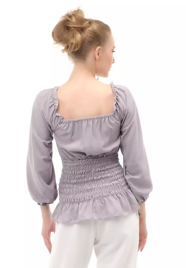 Cheva Blouse Atasan Wanita Sabrina Karet Pinggang Lengan Panjang Casual Shirt Long Sleeve Material Wolfis ORIGINAL - Gray