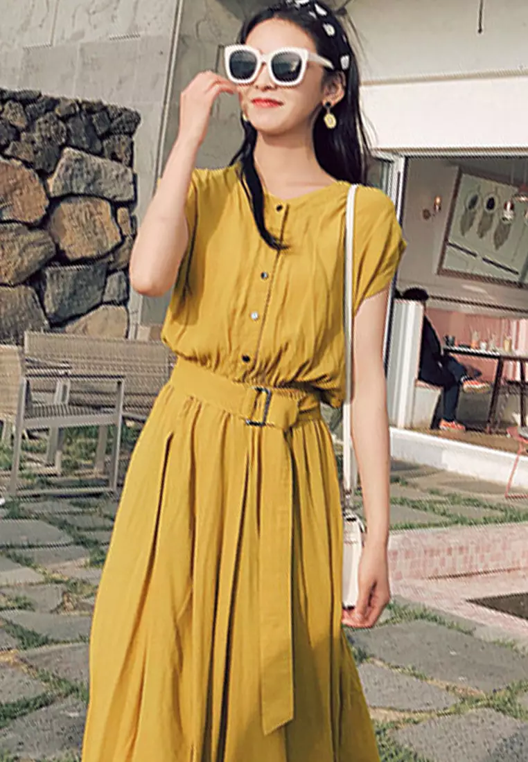 Chiffon Long Short Sleeve Cardigan Style One-Piece Dress A22022532YE