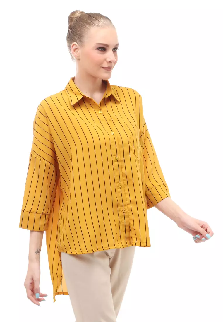 Shirt Salur Lengan Panjang Atasan Wanita Casual Front Button Opening - Mustard