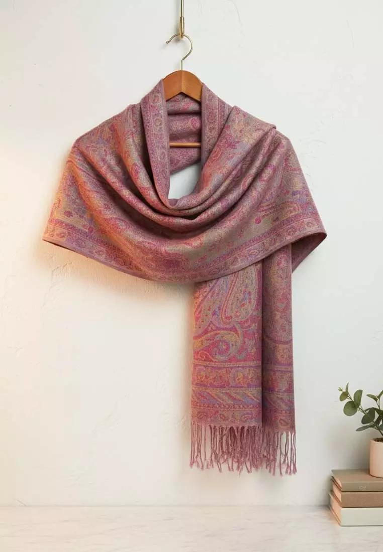 Aksesoris Wanita Reversible Viscose Full Paisley Pattern Pashmina Shawl Syal Wanita Sweet Pink