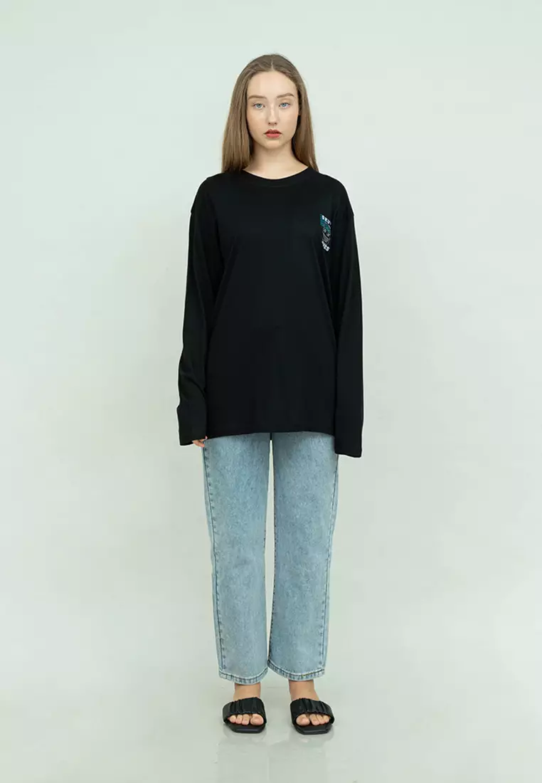 Kaos cotton combed lengan panjang wanita hitam houseofcuff skull bones