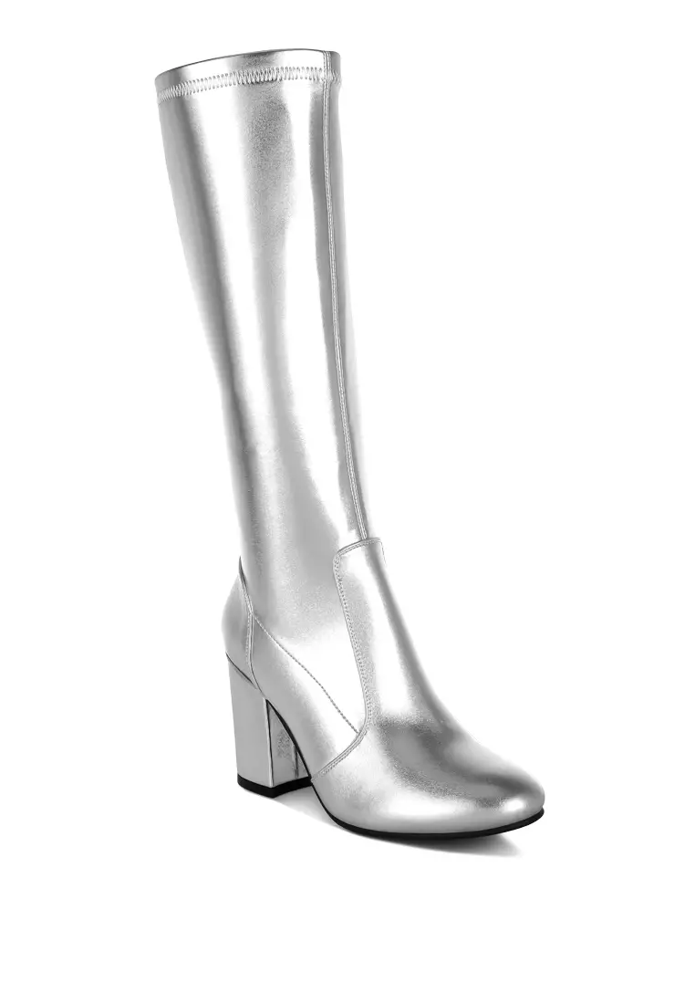Metallic Pleather Long Boots in Silver