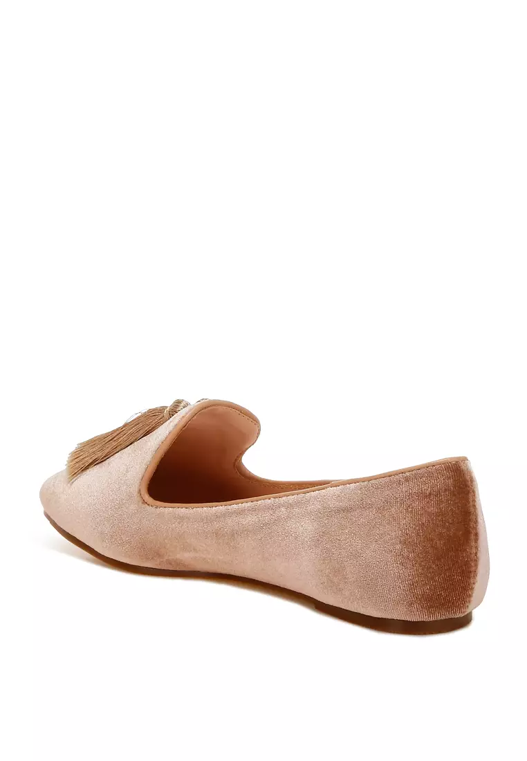Iconic Tassel Detail Velvet Loafers in Beige
