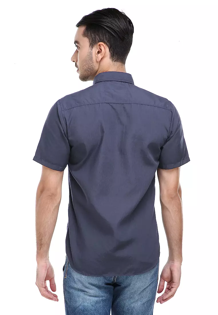 Dwan Casual Shirt Kemeja Polos Pria Lengan Pendek Kasual Formal Material Cotton ORIGINAL - Dark Gray