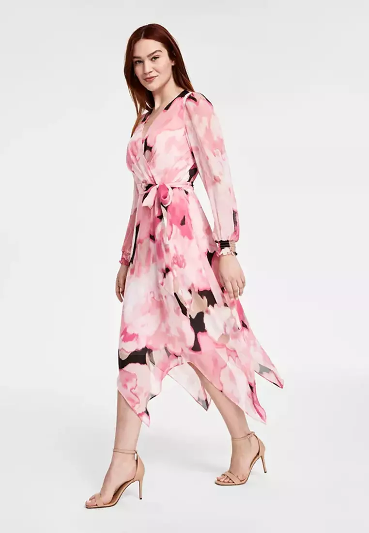 Women's Printed Smocked-Cuff Midi Dress