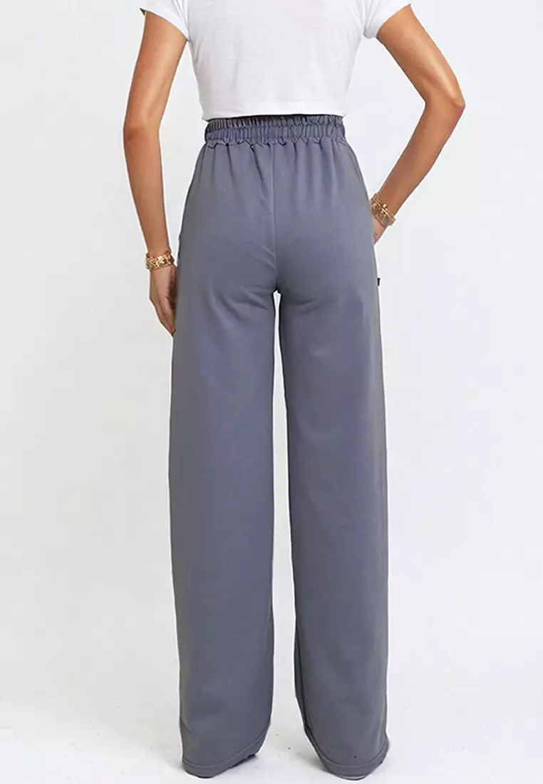 Women's Painted Gray Double Pocket Elastic Side Striped Wide Leg Trousers