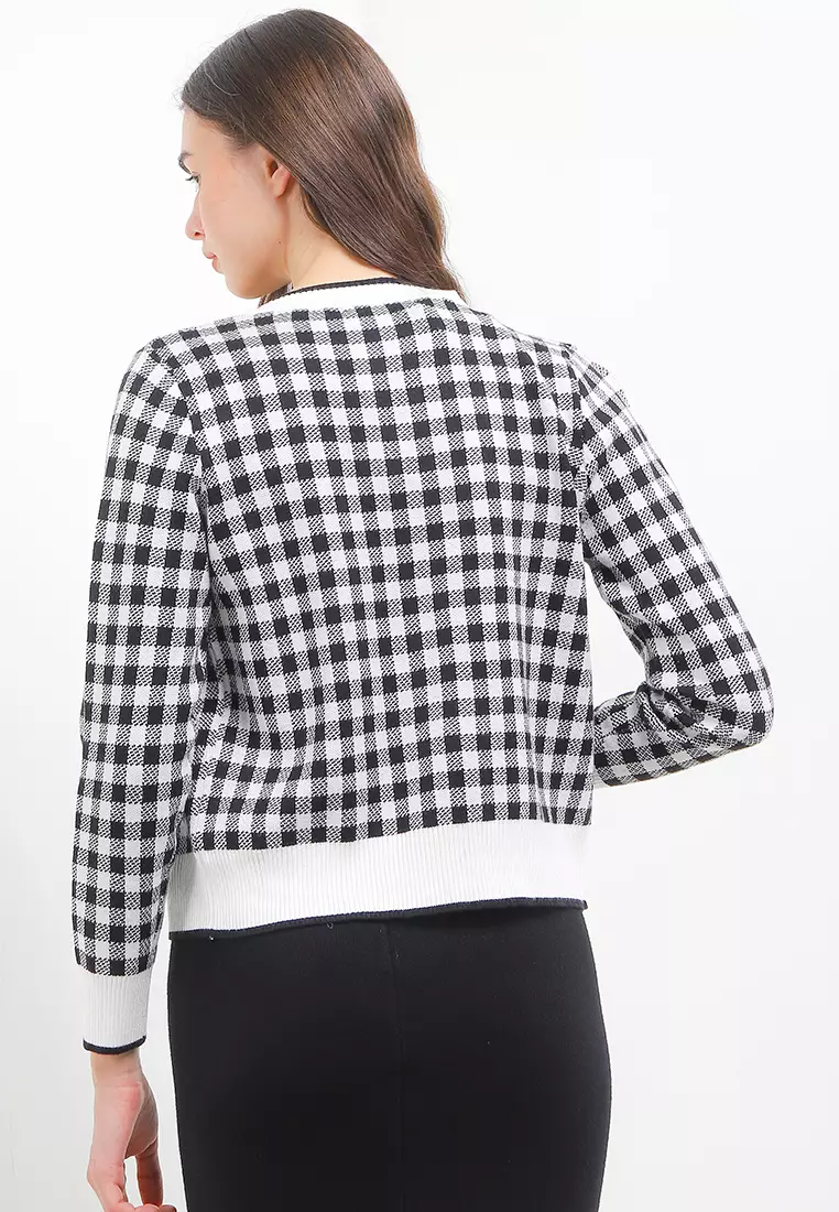 Checkered Knit L/S Cardigan W/ Gold Buttons