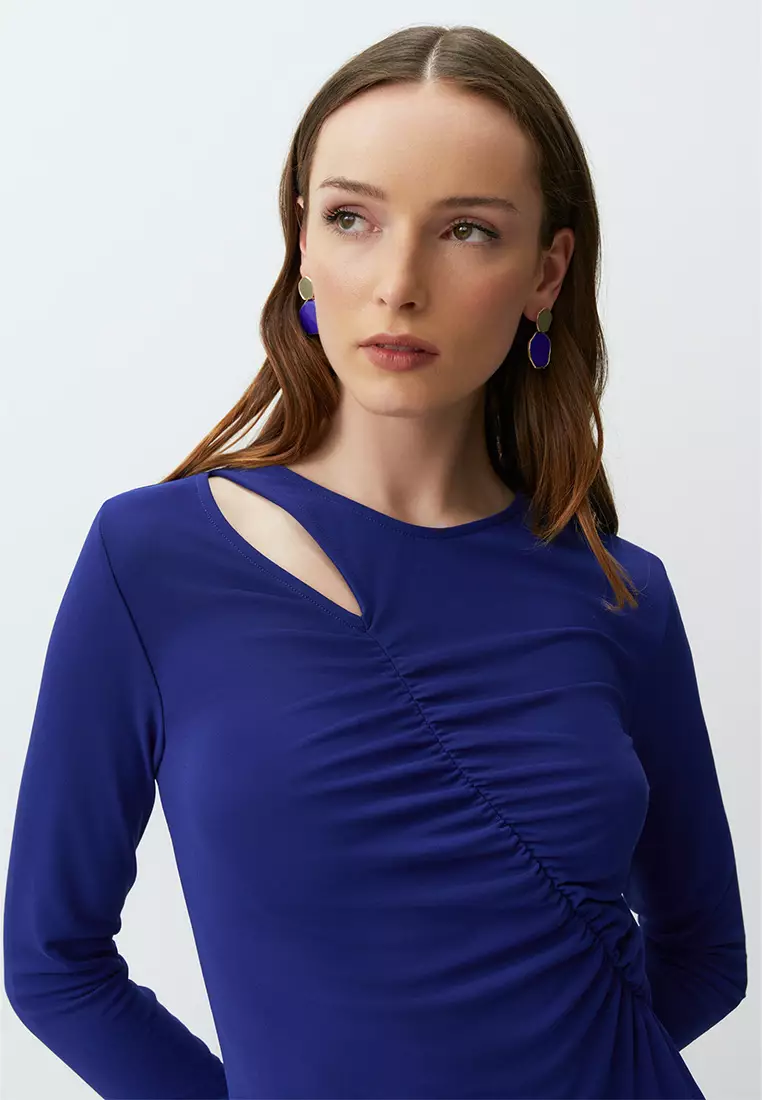 Jimmy Key Cobalt Long Sleeve Elegant Midi Dress with Window Detail