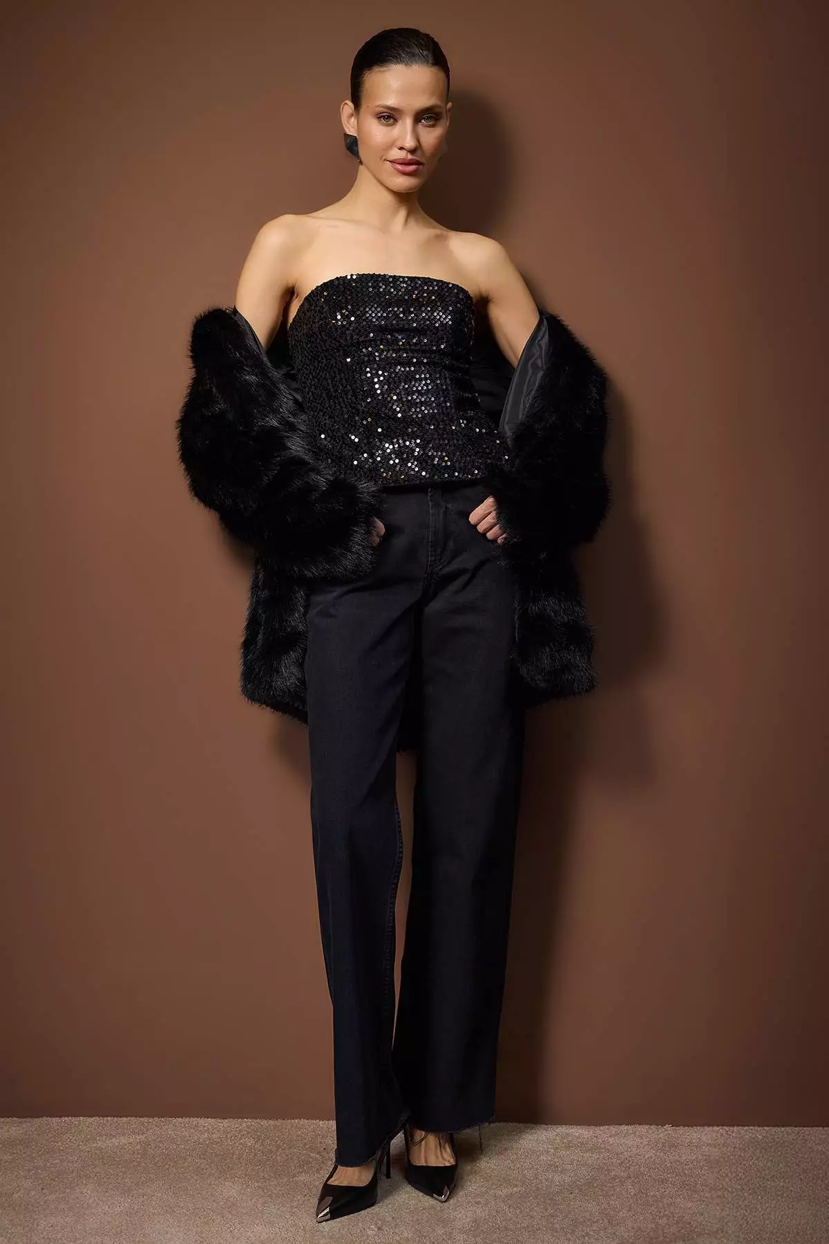 Black Strapless Sequined Bodycon Party Blouse Tpraw26Bz59