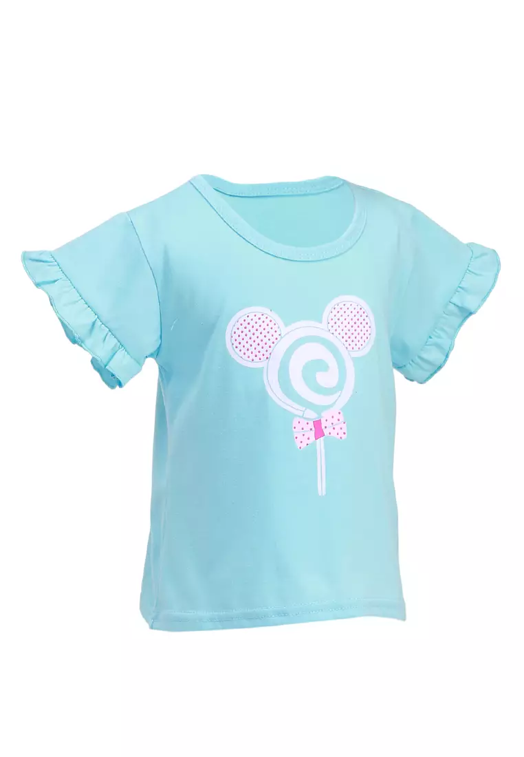 Chevelle Kaos Anak Perempuan Lengan Terompet Ruffle Tee Motif Bunga Material Cotton ORIGINAL - Blue