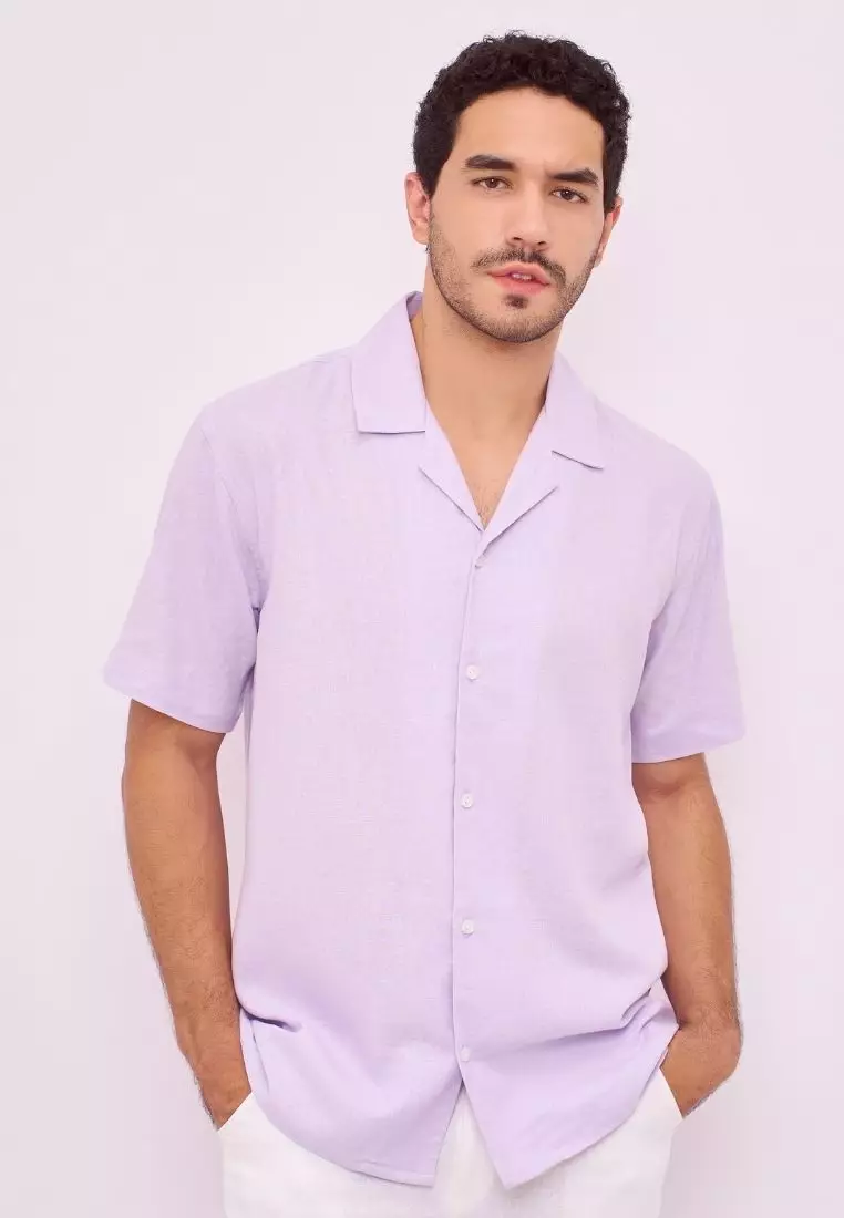 Acadia Kemeja Linen Lengan Pendek Pria Ungu Muda | Linen Short Sleeve Shirt Men Lilac