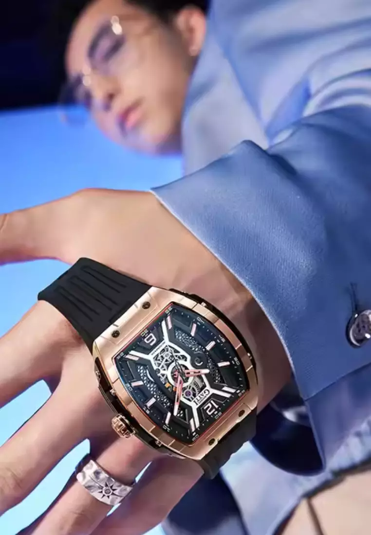 自動中性不鏽鋼手錶，橡膠錶帶