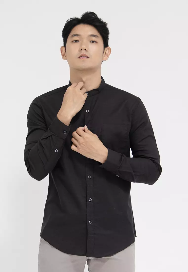 Kemeja collarless koko Slub hitam OXCON Black