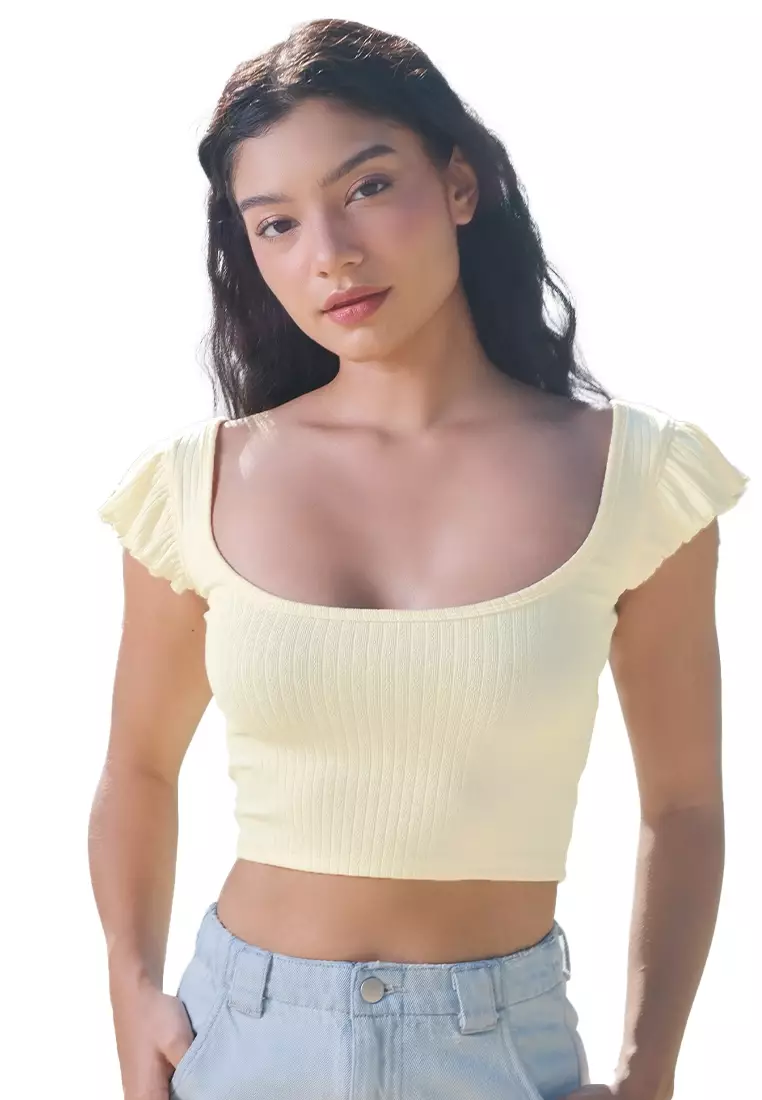 Pointelle Jersey Top With Ruffle Sleeves