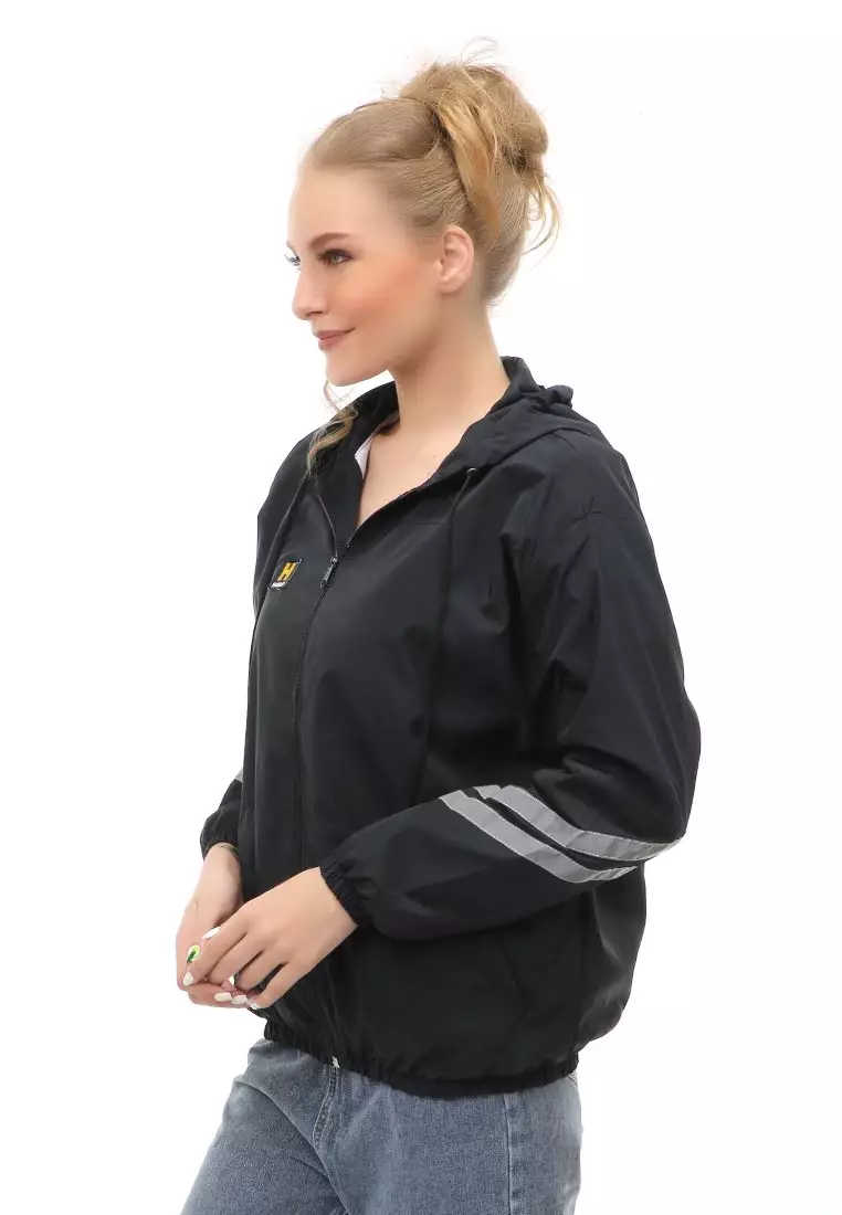 Hardwin Jacket Outer Wanita Jaket Hoodie List Lengan Full Furing Material Parasut Despo ORIGINAL - Black