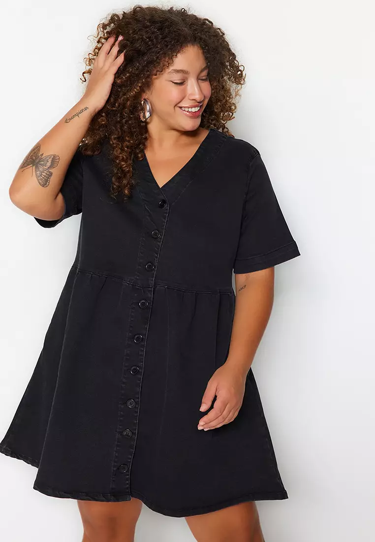 Plus Size V-Neck Denim Mini Dress