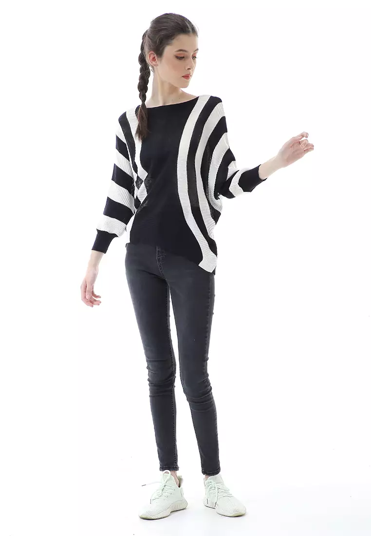 Viana Blouse Rajut Atasan Wanita Motif Zebra Stripe Oversize Jumbo Premium Quality - Hitam