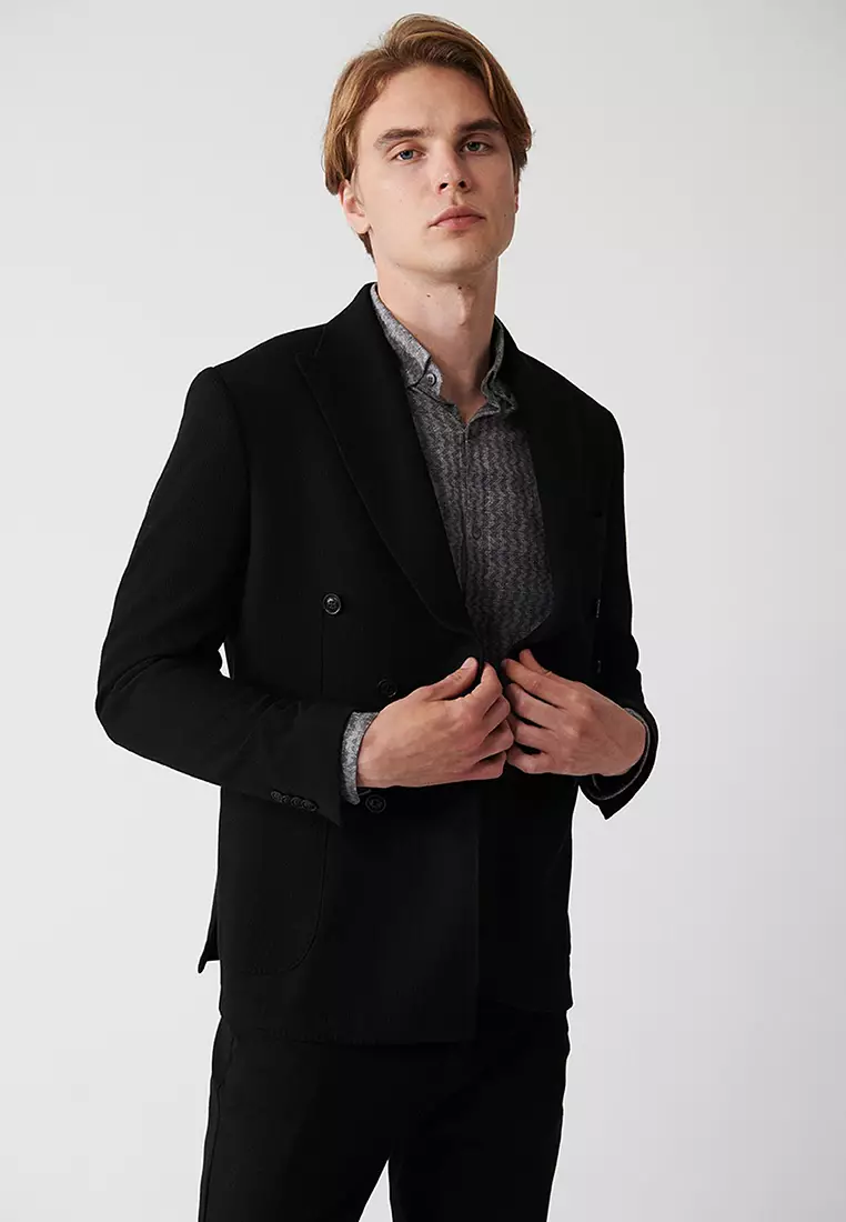 Men's Black Swallow Collar Unlined Double Breasted Closure Jacket A32Y4052