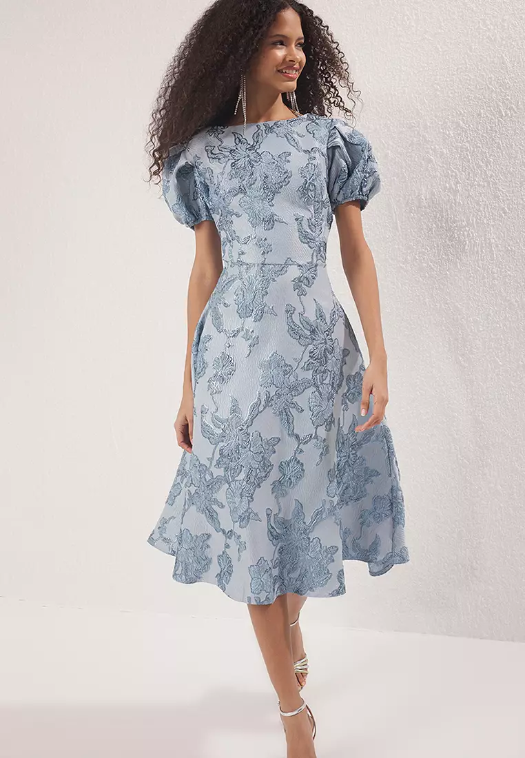 Light Blue A-Line Jacquard Woven Midi Elegant Evening Prom Dress TPRSS25EL00202