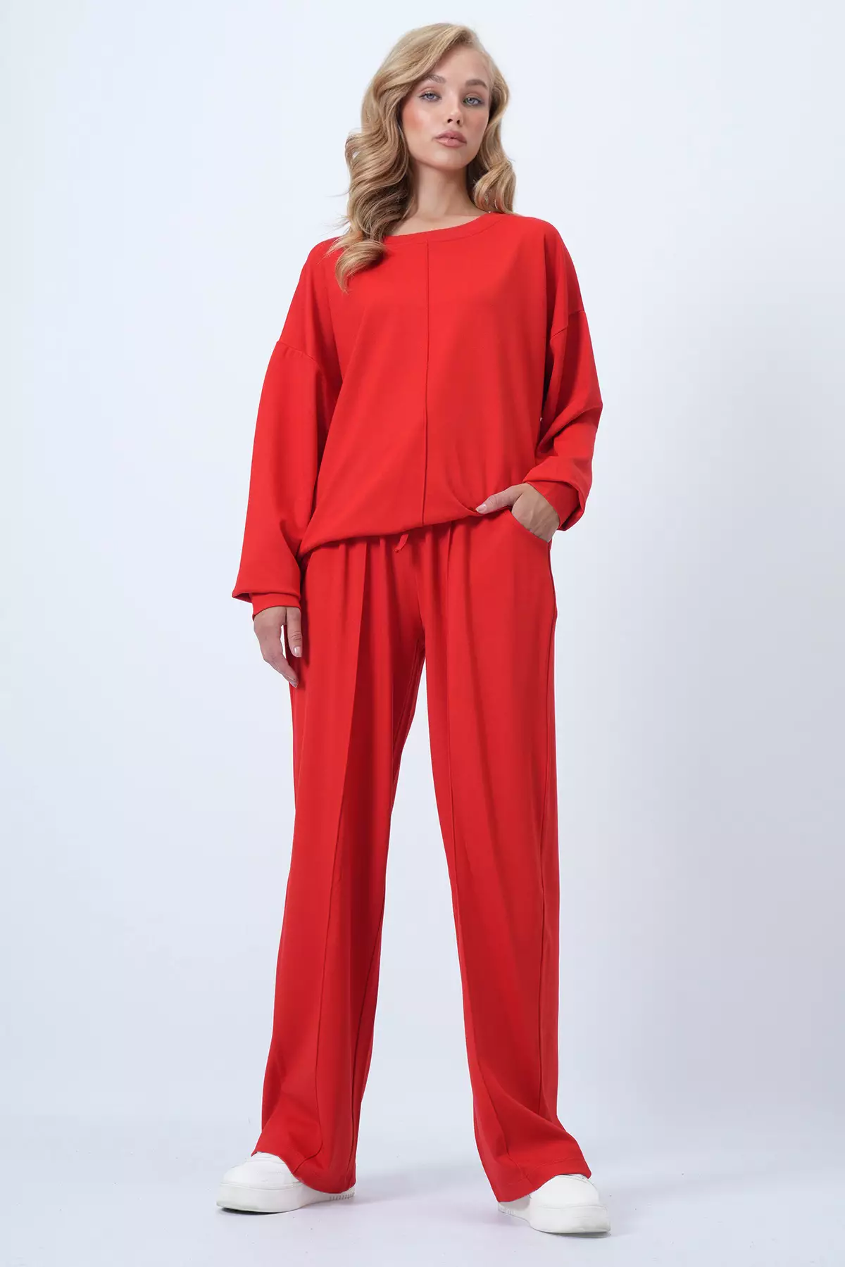 Red Crew Neck Blouse With Ribbed Front And Double Pocket Trousers Set Alc-X14543