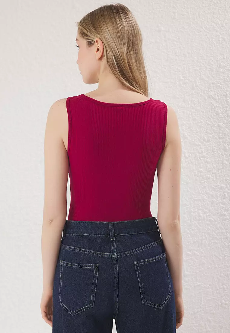 Trendyol Claret Red Buttoned Regular/Normal Pattern Knitted Bodysuit ...