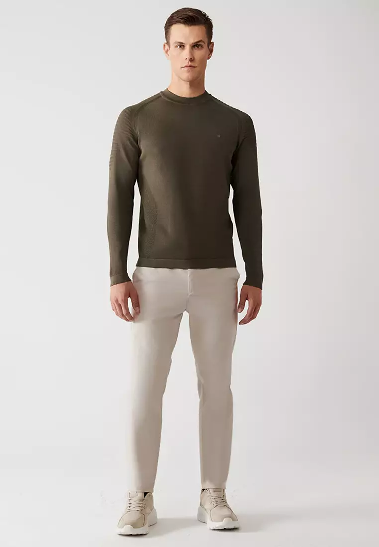 Men's Khaki Crew Neck Rayon Knitwear Sweater A32Y5006