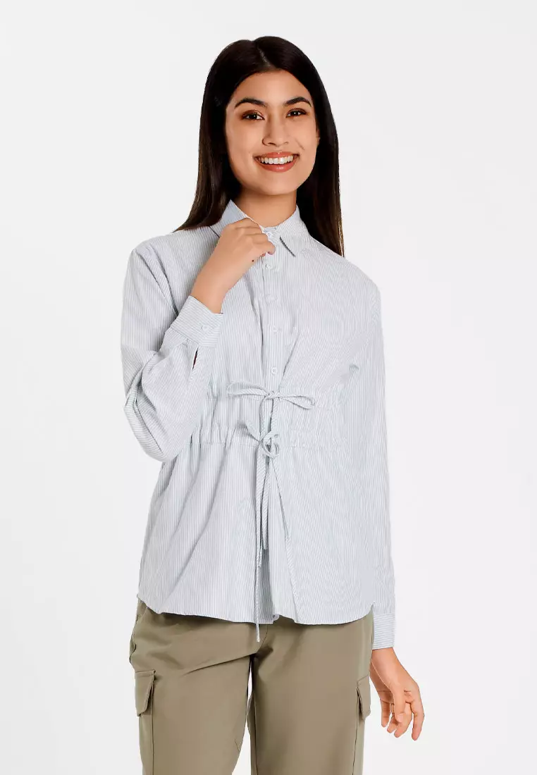 Forest Ladies Poly Cotton Striped Ribbon Shirt Women Long Sleeve Shirt | Baju Kemeja Perempuan - 822509