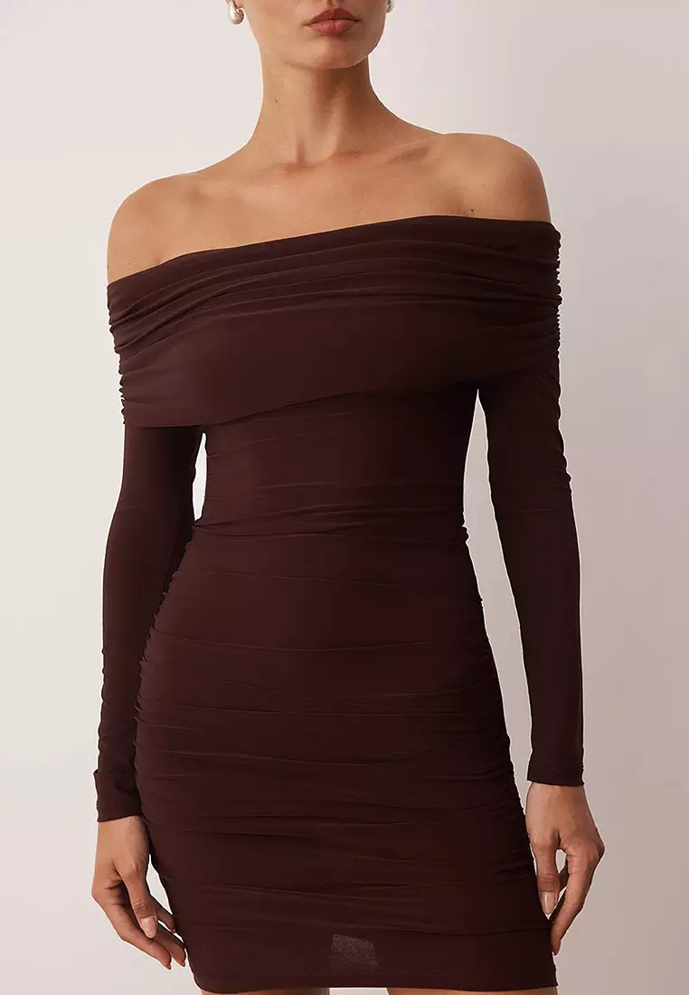 Brown Plain Carmen Collar Bodycone/Fits Body Ribbed Stretchy Mini Knit Dress Twoaw26El00036