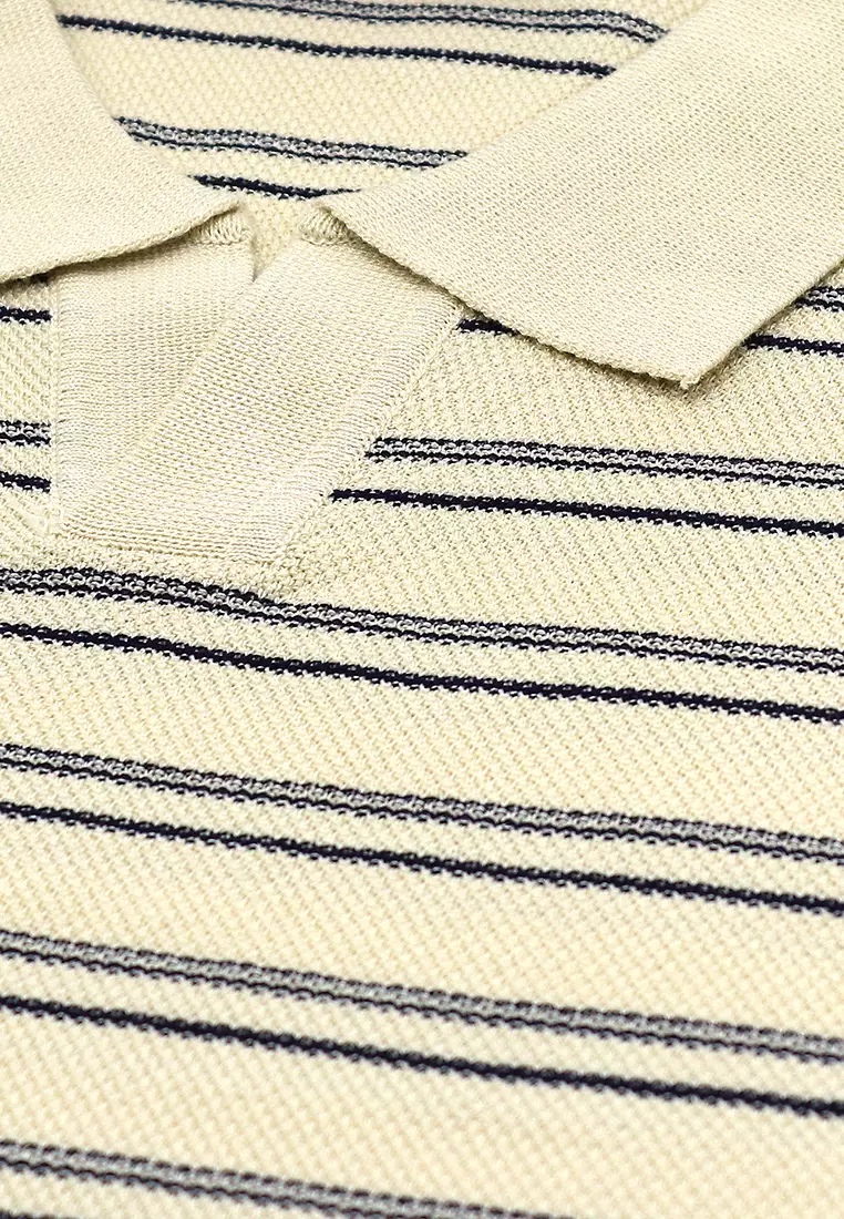 Men's Stripes Knit Poloshirt - Beige/Deep Blue