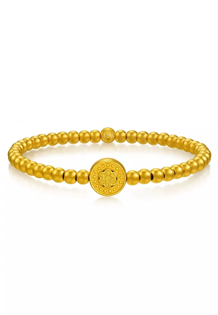 999.9 24K Pure Gold Cultural Blessings Diamond Lotus Motifs Bracelet for Women 14cm 94554B