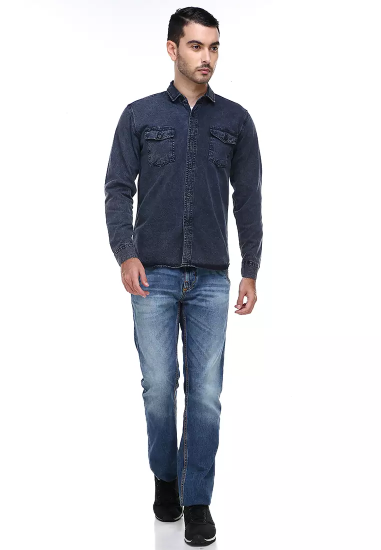 Dwan Casual Shirt Baju Kemeja Jeans Pria Lengan Panjang Material Denim ORIGINAL - Black