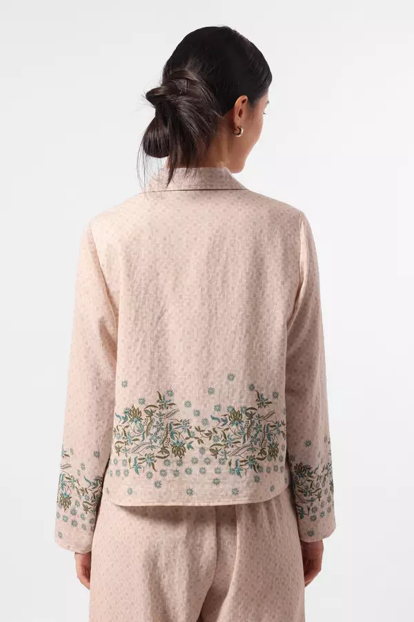 MINIMAL - Ayudewi - Crop Blazer Motif Bunga - Beige Warna Beige