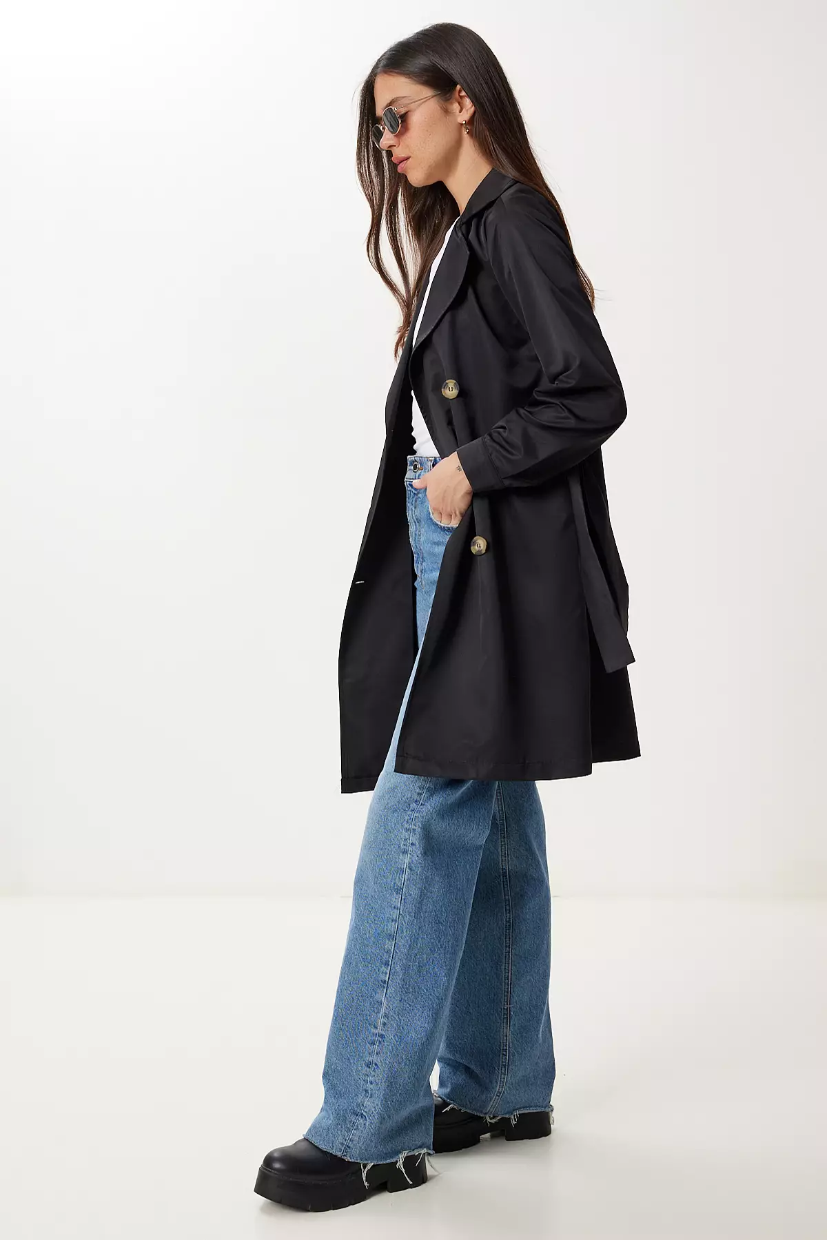 Women's Black Double Breasted Collar Belted Seasonal Trench Coat Dd01374