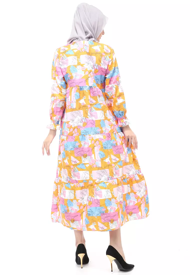 Zahra Gamis Muslimah Wanita Motif Garden Long Sleeve Comfortable To Wear - Orange