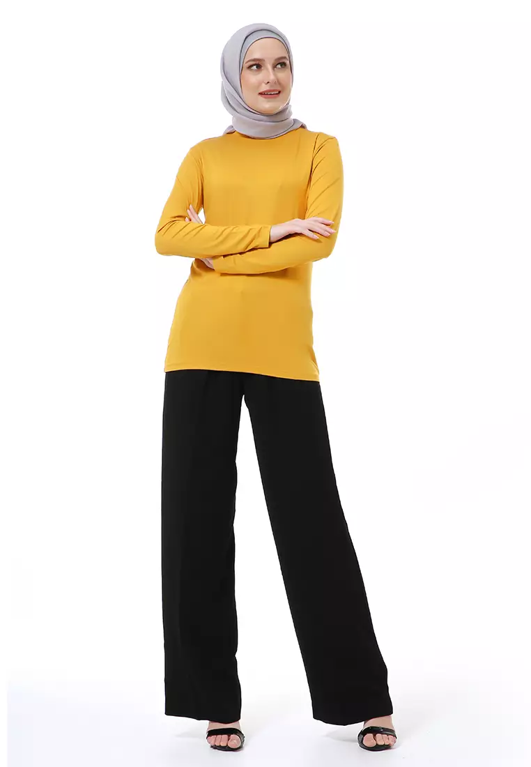 Zlora Manset Atasan Wanita Motif Polos Long Sleeve Reguler Fit - Mustard