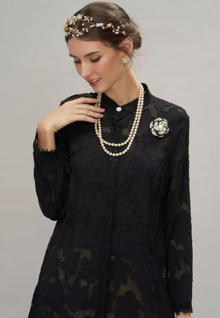 Black Premium Chiffon high neck Top & Maroon Batik Pleated Wrap Skirt
