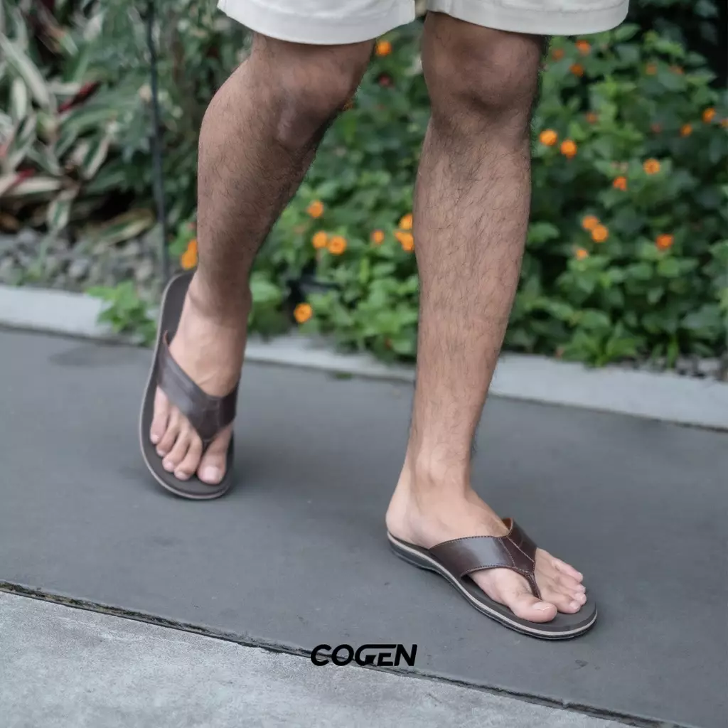 Sendal Jepit Kulit Pria Cogen Sandal Cowok Flip Flop Marino Leather - Brown
