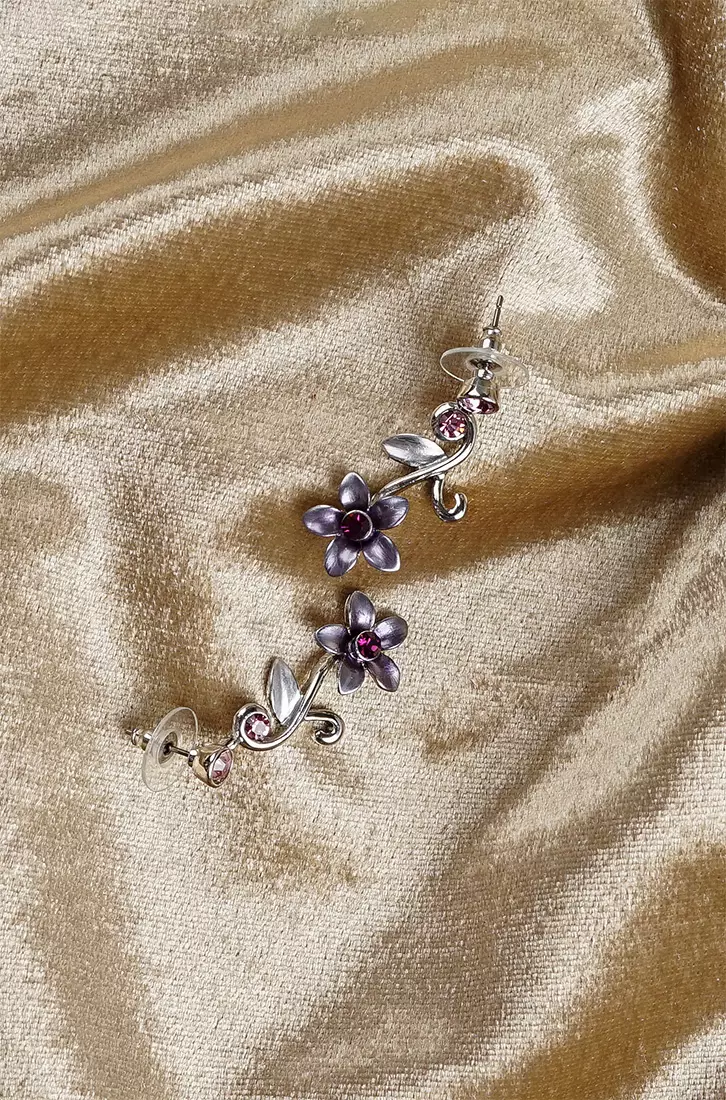 Purple Flower Earrings with Austrian Element Crystals