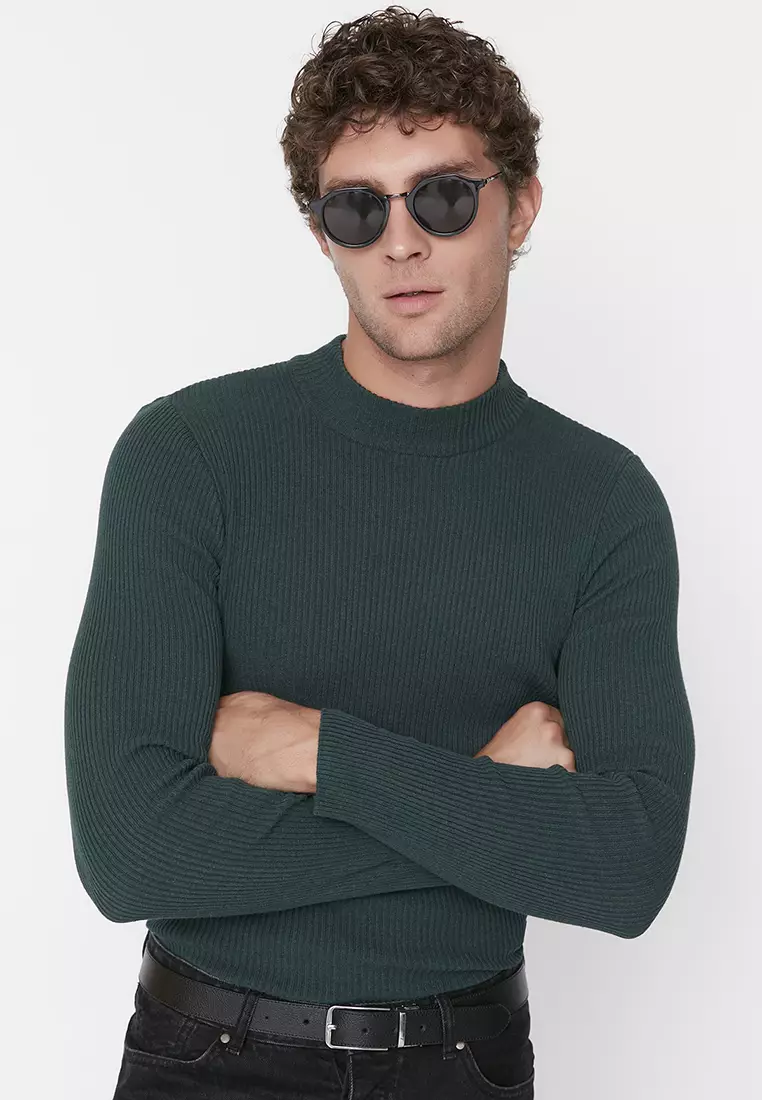 Slim Fit Buttoned Polo Neck Corduroy Knitted Sweater